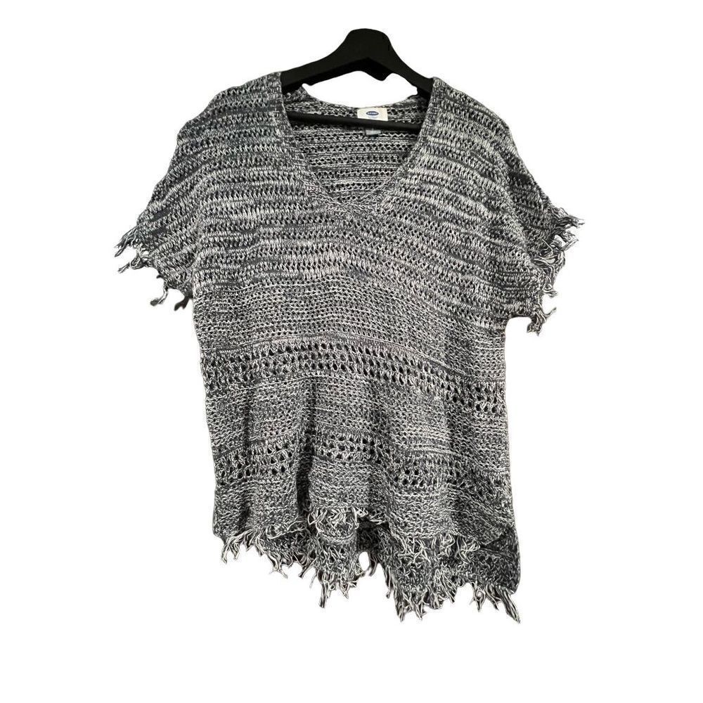 Old Navy boho crochet fringe black marled knit top overlay layers small heather